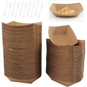 600 Pcs Paper Food Trays,Disposable Nacho Trays KRA-ft Paper Boats Take Out Food Serving Boats Baskets Trays with Fruit Forksfor Nachos, Tacos,Fries,Hot Dog,Corn,BBQ,Festivals,Party(Brown)