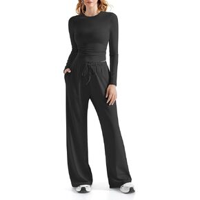 RXRXCOCO Womens Lounge Sets 2 Piece Ruched Long Sleeve Crop Tops Wide Leg Pants Casual Outfits Matching Sets Tracksuits