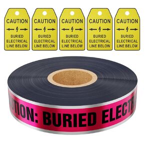 1000 Feet Caution Buried Electric Line Below Red/Black Print Safety Tape with Above-Ground Caution Tag, 2 Inch x Foot 5 Mil, Detectable 2-Inch