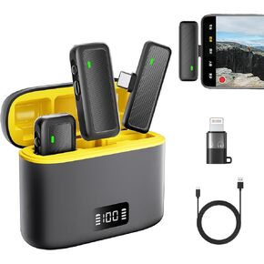 Wireless lavalier Microphone for iPhone Android with Lightning/USB-C/Charging Case, Noise Cancel 130ft 24H of 2 Pcs Mini Clip on Lapel Microphone Wireless for Recording/Streaming/Interview
