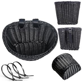 Bicycle Basket, Front Handlebar Bike Basket, Rattan Storage Basket Waterproof, Vintage Wicker, with Black Leather Straps, Black,10 * 7.5 * 7 inches
