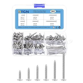 Sheet Metal Screws Assortment Kit - 205Pack - for Wood, Furniture - 6 Sizes 304 Stainless Steel M3 Phillips Truss Head Self Tapping Tip Wood Screws