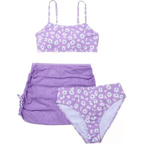 Milumia Girl's 3 Piece Floral Bikini Swimsuit with Drawstring Beach Skirt Swimwear