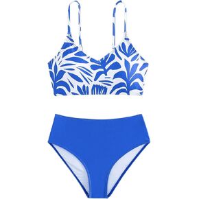 SweatyRocks Girl's Floral Print Swimsuit V Neck High Waisted 2 Piece Bathing Suit Swimwear