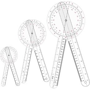 3pcs 6/8/12 Inch Goniometer Set, Universal 360 Degree Protractor Angle Ruler, Clear Plastic Goniometer Physical Angle Measuring Tool for Classroom