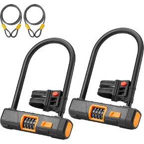 KEMIMOTO Bike U-Lock with Cable-2, Bicycle U Combination Lock Heavy Duty Anti-Theft Mounting Bracket 14.6-mm Shackle, 10mm x1.8m Cable & Padlock Holder for Bicycles E-Bikes Scooters