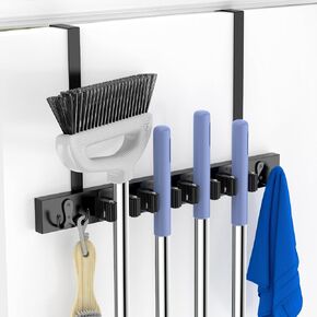 Broom Holder Door Mount, Over the Door Broom and Mop Holder, Drilling-Free Wood Mop Holder with 2 over Door Hooks, 4 Slots & 4 Hooks Rusticfor Laundry, Garage, Closet, Kitchen Tool Rack Organizer