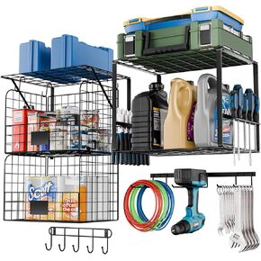 Garage Shelves Wall Mounted with Wire Storage Baskets, Metal Garage Wall Shelving with Rack and Hooks, Garage Tool Organizer with Screwdriver Holder/Plier Holder for Home Garden Organization