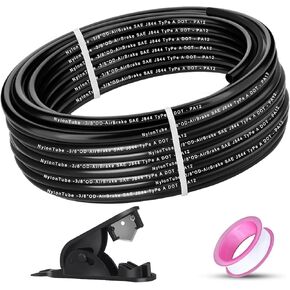 1/4" OD x 50FT DOT Air Line Tubing Kit Black SAE J844 PA12 Nylon Air Brake Hose with Cutter and Teflon Tape For Trailer Trucks RV Braking Systems or Fluid Transfer