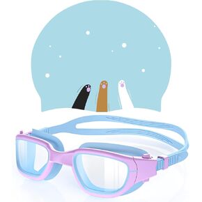 Kids Swim Goggles with Silicone Swim Cap, Swimming Goggles for Kids 6-14, Anti-Fog UV Protection Pool Goggles Cap Set for Boys Girls Children