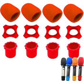 4 Set Orange Wireless Handheld Microphone Protection Kit - Shakeproof Anti-Rolling Silicone Ring, Bottom Rod Sleeve Holder, Windscreen Foam Cover for KTV Mic Device