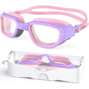 Kids Swim Goggles,Swimming Goggles for Kids 6-14, Anti-Fog UV Protection Pool Goggles for Boys Girls (Pink/Light Purple+Clear Lens)