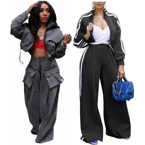Angsuttc Womens Sweatsuits 2 Piece Set Striped Tracksuit Long Sleeve Cropped Jacket and Wide Leg Pants Outfits