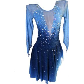 Blue Long-Sleeved Figure Skating Dress for Girls Contest Wear