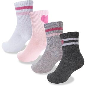 4 Pack Girls Athletic Crew Socks Kids Soft Cotton Navy Socks Hearts Stripes for School Uniform Dress
