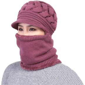 Womens Winter Stretchy Soft Beanie Ear Protection Knit Hats Skull Cap Warm Scarf Mask hat Fleece Lined one-Piece hat