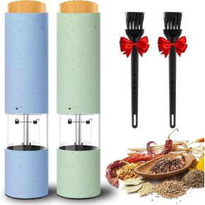 Electric Salt and Pepper Grinder Set of 2, Automatic Operation Salt Pepper Mill Sets with Adjustable Coarseness, Battery Powered, LED light, One Hand Operation-Blue and Green