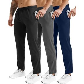 Men's 3 Pack Athletic Pants Workout Joggers with Zipper Pockets Gym Sweatpants Black Blue Grey