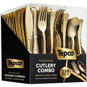 150 Gold Plastic Silverware Set - Plastic Gold Cutlery Set - Disposable Flatware Gold - 50 Gold Plastic Forks, 50 Gold Plastic Spoons, 50 Gold Cutlery Knives Heavy Duty Silverware for Party Bulk