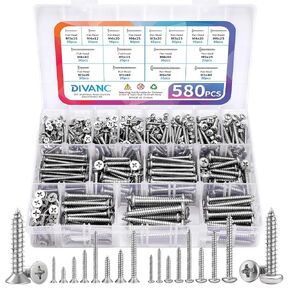 580Pcs Self Tapping Screws Assortment Set, M3/M4/M5/M6 304 Stainless Steel Sheet Metal Screws Kit, Flat Head & Pan Head Phillips Drive Wood Screws Set Assortment Screw (Silver 580PCS)