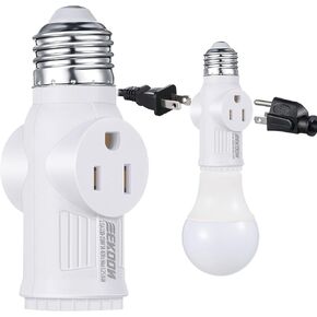 Feekoon 1 Pcs 3 Prong Light Socket Adapter, E26 Light Bulb Outlet Adapter, Polarized Light Socket to Plug Adapter, Light Bulb to 2/3 Prong Outlet Plug Splitter Converter for Garage Porch (White)