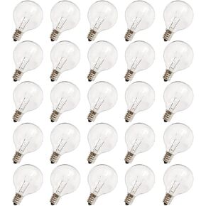 G40 Replacement Light Bulbs, 120V 5W Clear Globe Bulb, E12 C7 Candelabra Base, 1.5 Inch Glass Incandescent Bulbs for Indoor Outdoor Patio String Lights, Warm White -25 Pack