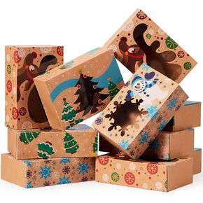 JOYIN 12PC Christmas Cookie Boxes for Gift Giving, 8.5" x 5.75" x 2.75" Holiday Treats Cookie Tins with Window, 3 Designs Brown Foiled Kraft Bakery Boxes for Pastries, Cupcakes, Brownies, Doughnut