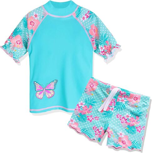 TFJH E Girls Sweeve Swimeve Sweat Sweat Swimsuit UPF 50+ مجموعات حراسة الطفح الجلدي UV 3-12Y in Kuwait