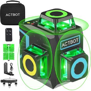 Laser Level Self Leveling - ACTBOT Green 3D Cross Line 3x360 Horizontal Vertical 12 Line Laser 200ft Outdoor Long-Range 4000mAh Rechargeable Full Remote Control for Construction Alignment