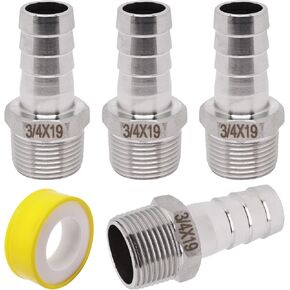 304 Stainless Steels Barb Fitting, Barbed Hose Fittings Connector 3/4" Hose Barb to 3/4" Male NPT (4pcs)