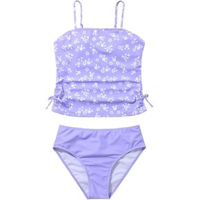 MakeMeChic Girl's Tankini Sets Floral Print Ruched Knot Side Summer Bathing Suit