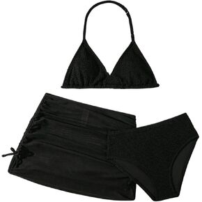 OYOANGLE Girl's Bikini Sets Textured Halter Triangle 3 Piece Bathing Suit with Cover Up Skirt