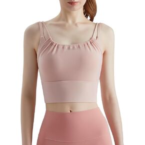Luna & Sun Women's Longline Strappy Sports Workout Yoga Bra, Wirefree Padded Mesh Sheer Design Camisole Crop Top