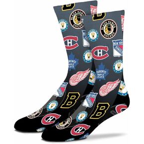 For Bare Feet Adult NHL Original 6 All Over Logo Crew Socks, Unisex Footwear, Hockey Apparel, Montage Design