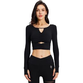 Crop Tops for Women with Medium Support Longline Sports Bra Workout Long Sleeve Yoga Bra with Removable Cups