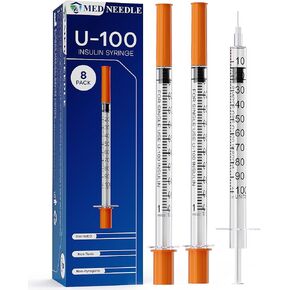 Insulin Syringe U-100 | 1ml/cc with 29G 5/16'' (8mm) Needle, 8 Pack Individual Packaging