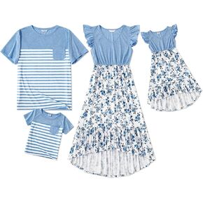 PATPAT Family Matching Outfits V Neck Ruffle Cuffs Summer Dresses and Stripe Short Sleeve T Shirts