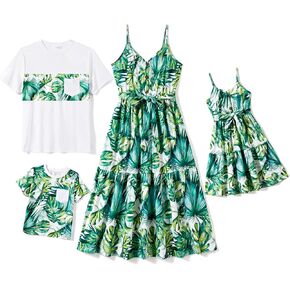 PATPAT Family Matching Outfits Mommy and Me Dresses Spaghetti Sleeveless Summer Vacation Hawaiian Dress and T-Shirts Sets