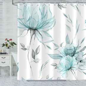 Teal Grey Watercolor Floral Shower Curtain, Flower Leaves Minimalist Aesthetic Art Shower Curtains for Bathroom Sets Decor, Waterproof Polyester Cloth Fabric with 12 Hooks,72x72 Inch