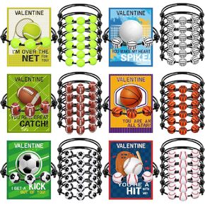 36 Pack Valentines Day Sports Gift Set Include Sports Valentine's Day Cards Adjustable Sport Party Charm Bracelet for Classroom Exchange Prizes Kids Party Favor Teens Adults Sports Team Greeting Favor