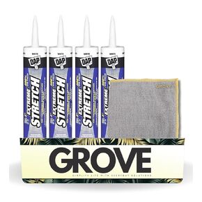 DAP Extreme Stretch Acrylic Urethane Sealant 10.1 oz Bundle with Microfiber Cloth - Waterproof - Premium Caulking Sealant for Windows, Doors, and More - Indoor/Outdoor Use - White - (5 Items)