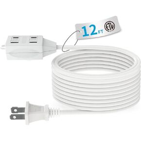 Indoor Extension Cord, 2 Prong 12 Feet Extension Cord, 3 Polarized Outlets with Safety Slide Windows,13A/1625W, 16 AWG