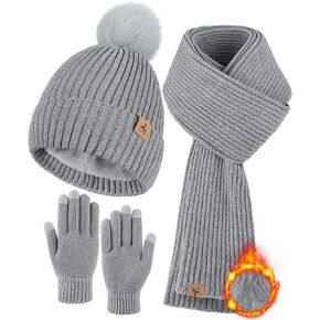 Winter Warm Hat Scarf and Touch Screen Gloves Set, Knitted Pom Beanie Hat Neck Warmer Long Scarf Winter Gloves for Women Men