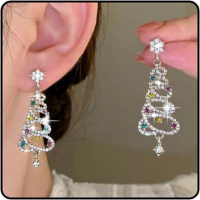 Christmas Tree Earrings for Women Sparkle Rhinestone Christmas Tree Earrings Silver Xmas Tree Earrings Colorful Crystal Christmas Tree Dangle Earrings Christmas Gifts Stocking Stuffers for Women