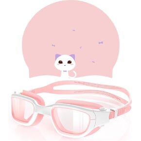 Kids Swim Goggles with Silicone Swim Cap, Swimming Goggles for Kids 6-14, Anti-Fog UV Protection Pool Goggles Cap Set for Boys Girls Children