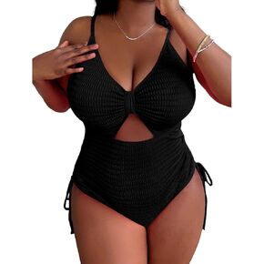 Women' s Plus Size Bikini High Waisted One Piece Swimsuits Ribbed Tummy Control Cutout Bathing Suits Ruched V Neck