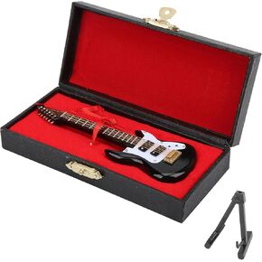 Miniature Guitar Replica Wooden Mini Electric Guitar Model Delicate Guitar Ornament Cool Musical Instrument Figurine with Stand Display and Storage Box