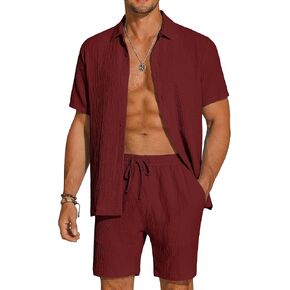 COOFANDY Men's 2 Piece Textured Outfits Beach Button Down Short Sleeve Shirt and Short Sets