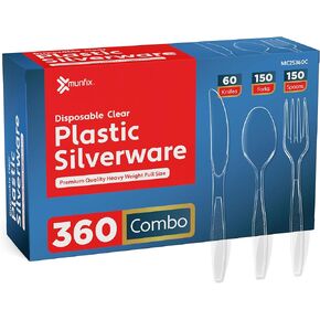 360 Count Plastic Silverware Set, 150 Clear Plastic Forks, 150 Plastic Spoons, 60 Plastic Knives, Heavy Duty BPA Free Disposable Plastic Cutlery Set, Premium Clear Plasticware for Party Supplies