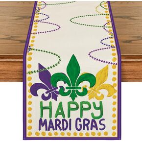 Artoid Mode Irises Happy Mardi Gras Table Runner, Seasonal Carnival Holiday Kitchen Dining Table Decoration for Indoor Outdoor Home Party Decor 13x72 Inch